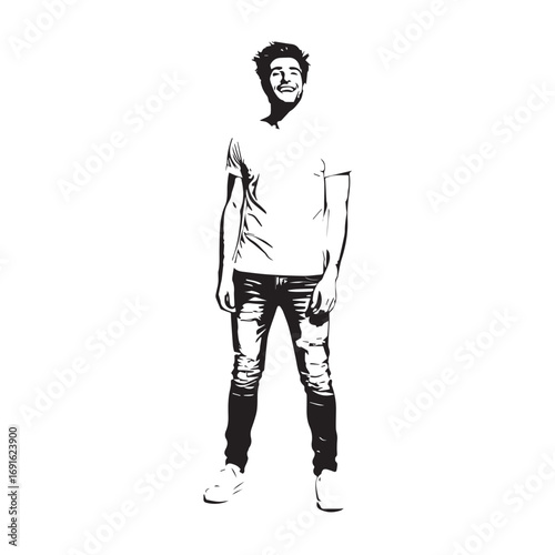 Handsome Man Black and White Illustration Vector Image Male Portrait Fashion Sketch Line Art Design	