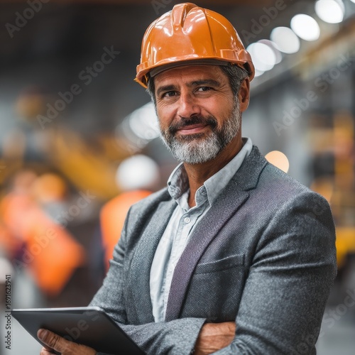 Wallpaper Mural A construction manager wearing a hard hat and a gray suit stands confidently with a tablet in hand. The background shows workers in safety gear and machinery, indicating an active worksite. Torontodigital.ca