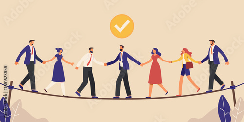 Diverse team of professionals holding hands walking together on a tightrope with a checkmark symbol above