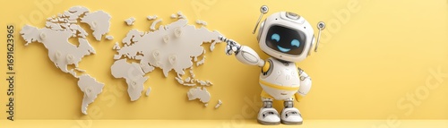 A friendly robot stands against a yellow backdrop, pointing at a world map crafted from light-colored materials with space for text, cute teacher robot