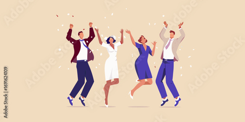 Diverse group of four professionals celebrating and jumping with confetti falling around them