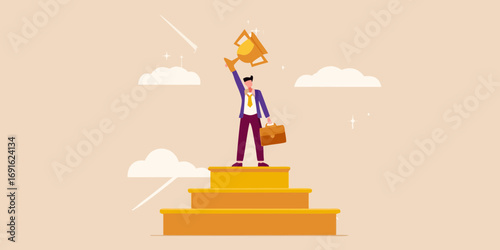 Successful businessman holding a trophy aloft standing on a golden podium with clouds and stars in the background