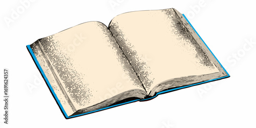 An open book with blank pages and a blue cover in a vintage illustration style