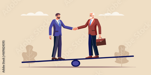Two businessmen shaking hands on a balanced seesaw symbolizing partnership and equality in business