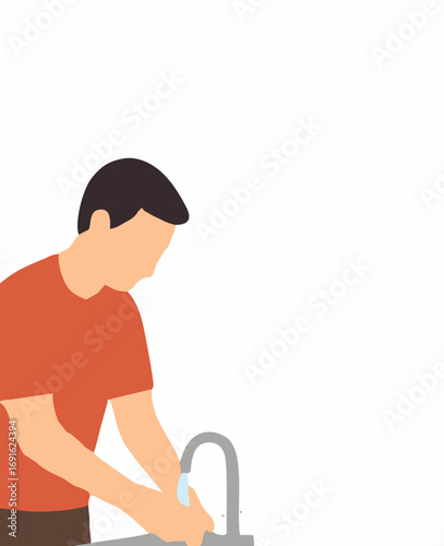 Minimalist illustration of a man washing his hands at a sink, promoting hygiene and cleanliness concepts for public health awareness