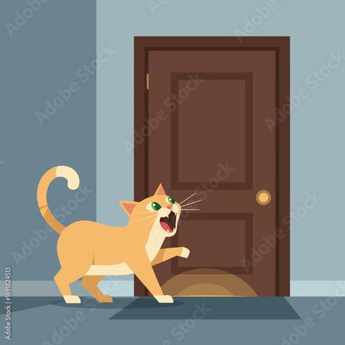 Orange cat meowing near closed wooden door in indoor setting  