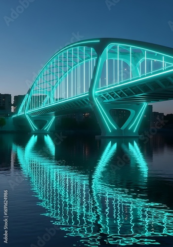 Futuristic bridge illuminated with glowing teal light reflecting on calm water surface at twilight