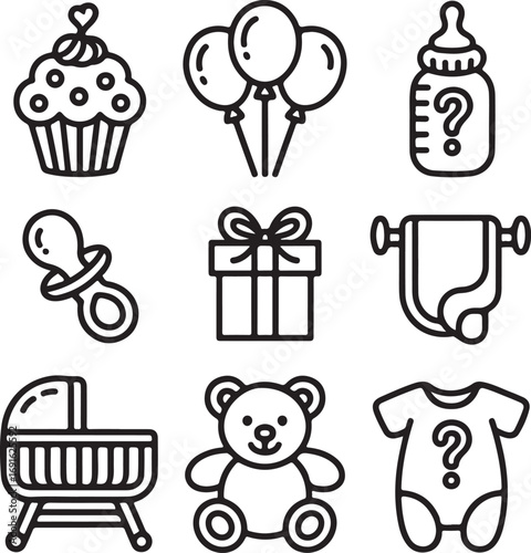 Hand-Drawn Baby Shower and Newborn Icon Pack Party Decorations, Gender Reveal Bottle, and Infant Care Items