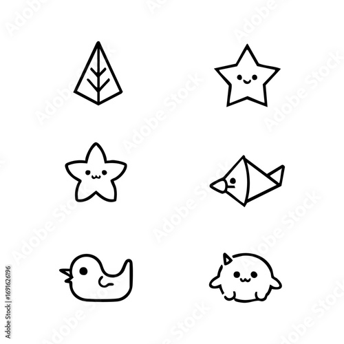 Set of Cute Kawaii Doodle Icons with Leaf, Star, Bird, and Animal Characters