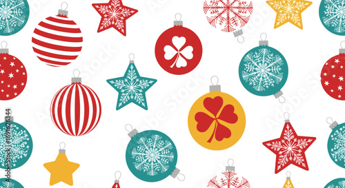 Festive Christmas ornaments and stars create a fun holiday backdrop for seasonal designs and joyful celebrations