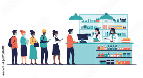 Diverse people wearing masks queueing at pharmacy counter with pharmacist in lab coat assisting customers