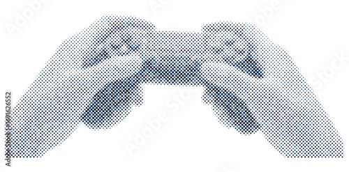Illustration of hands holding a video game controller created with square pixels in blue colors on a white background