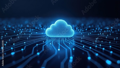 A luminous cloud icon sits atop a complex network of glowing circuit lines, highlighting digital connectivity.