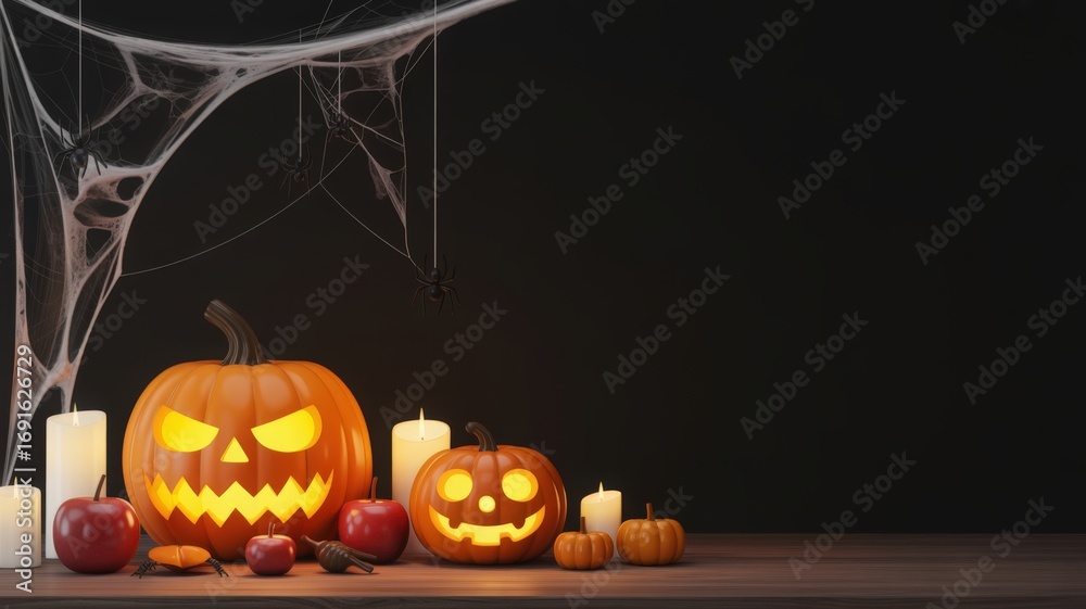 Fototapeta premium Halloween Pumpkins and Candles Dark Background Scene