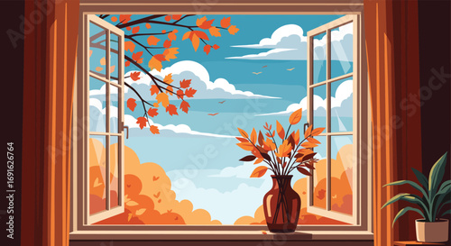 Cozy autumn scene with open window, vibrant leaves, and a calming, peaceful view for seasonal decor