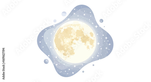 Whimsical Moonlit Dreamscape A Softly Illustrated Celestial Scene with Gentle Stars and a Radiant Full Moon, Evoking Wonder and Tranquility Under the Night Sky