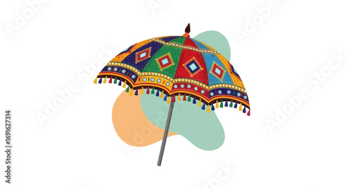 Decorative umbrella with colorful geometric patterns and fringes, evoking traditional art and festive celebrations, perfect for cultural events and design elements
