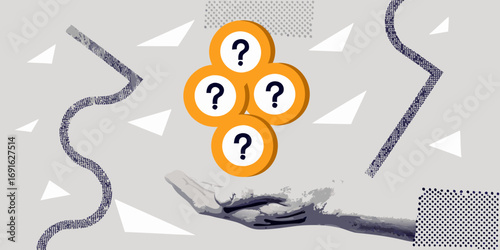 Hand holding question marks symbolizing uncertainty and the need for answers in a conceptual abstract design
