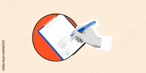 Hand in glove signing important document on clipboard with blue pen and orange background circle