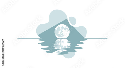 Serene full moon reflected on calm water surface with stylized mountain silhouette and soft clouds, symbolizing tranquility and natural beauty in a minimalist aesthetic
