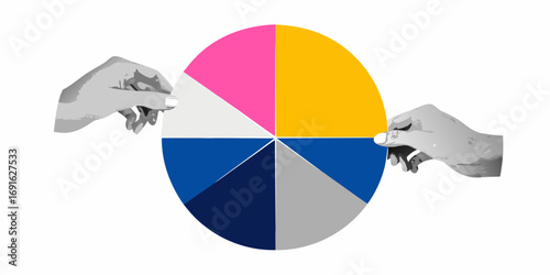 Two hands manipulating a colorful pie chart divided into segments representing data and strategy