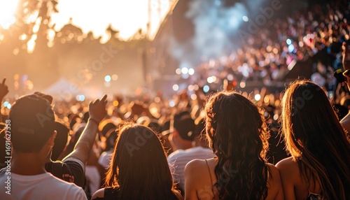 A crowd of people at a music concert.  Golden light