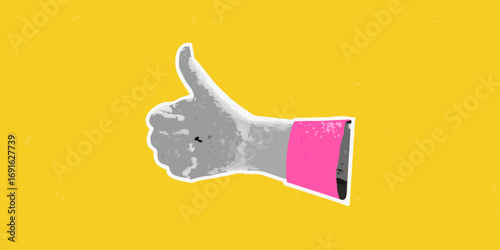 Stylized thumbs up hand gesture against a textured yellow background with pink accent