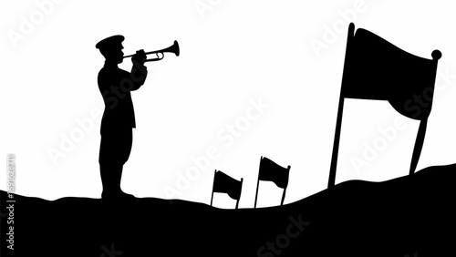 Silhouette of a soldier playing a trumpet with flags in the background on a black and white landscape