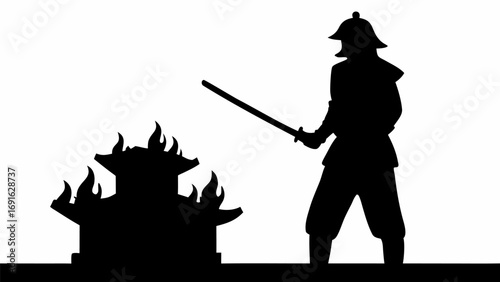 Silhouette of a warrior with a sword standing next to a burning structure in a monochrome image