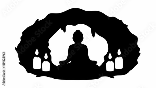 Silhouette of meditating figure with candles in a cave like structure, black and white illustration art