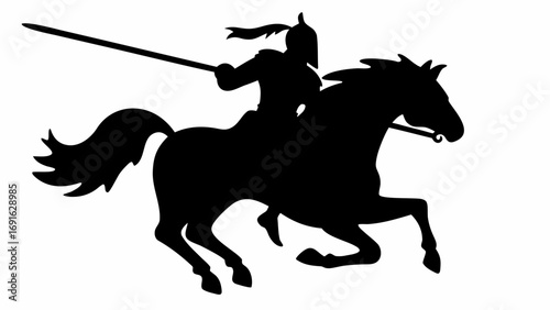 Silhouette of a horseman with a spear riding a horse in a dynamic pose on a white background image