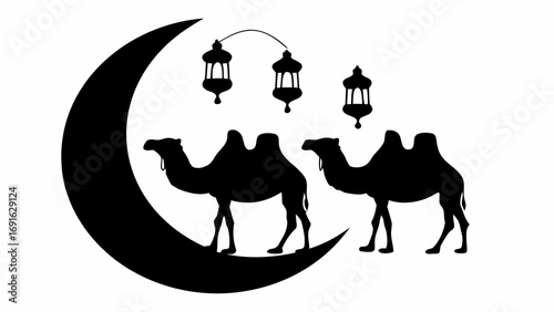 Silhouette of two camels standing on a crescent moon with three hanging lanterns above them in black
