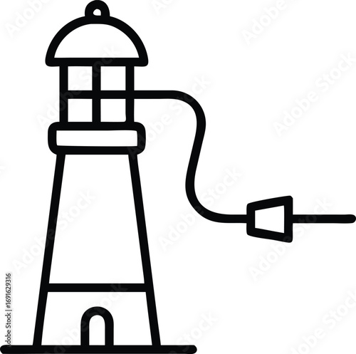 Simple line art lighthouse with foghorn on ocean coast drawing