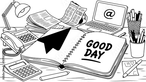 Positive Workplace Illustration: Desk with Notebook Saying 'Good Day'