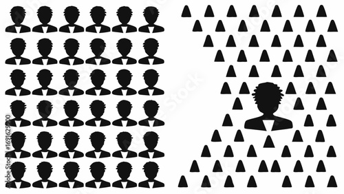 Diverse team members forming cohesive groups, highlighting unique leadership and collective effort