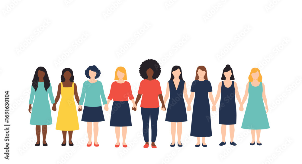 Obraz premium Diverse group of women standing together holding hands in solidarity and support for equality and empowerment
