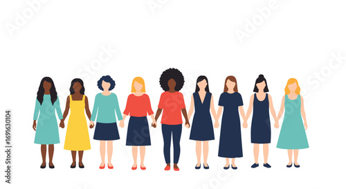 Diverse group of women standing together holding hands in solidarity and support for equality and empowerment