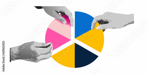 Diverse hands collaborate to build a colorful pie chart representing teamwork and shared success