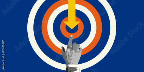 Hand reaching towards a target with a downward pointing arrow symbolizing focus and achievement