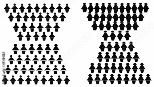 Diverse groups forming hourglass shapes symbolizing data flow, community, or population dynamics