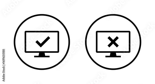 Computer monitor with check mark and cross icon. System validation and error notification symbol in circular outline