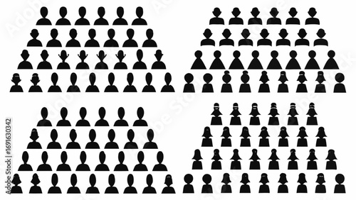 Diverse group of stylized people icons arranged in tiers, symbolizing teams and communities.