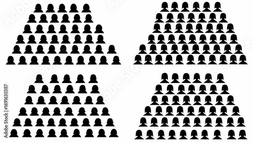 Diverse groups of people arranged in audience seating patterns represent community and connection