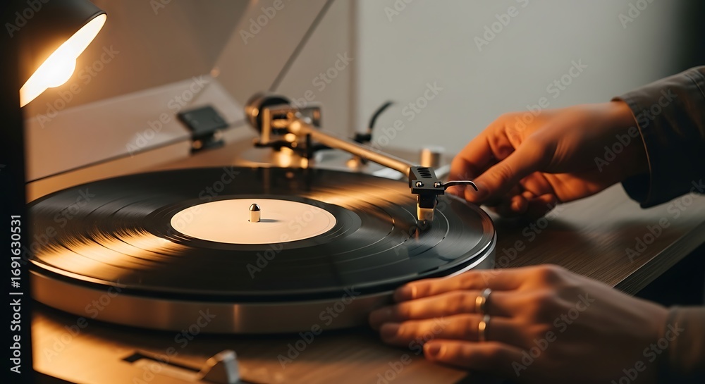 Obraz premium Hand placing needle on vinyl record for nostalgic music