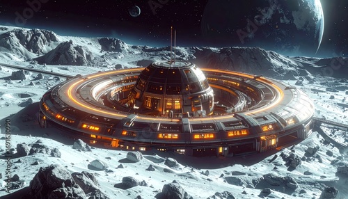 Fototapeta Naklejka Na Ścianę i Meble -  A futuristic, circular space station sits atop a lunar landscape, bathed in warm, glowing light.