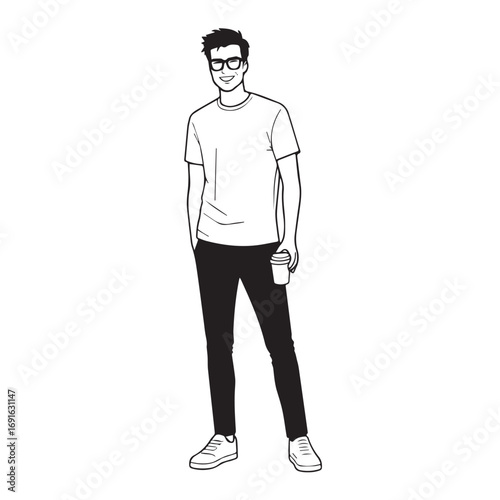 Handsome Man Black and White Illustration Vector Image Male Portrait Fashion Sketch Line Art Design	
