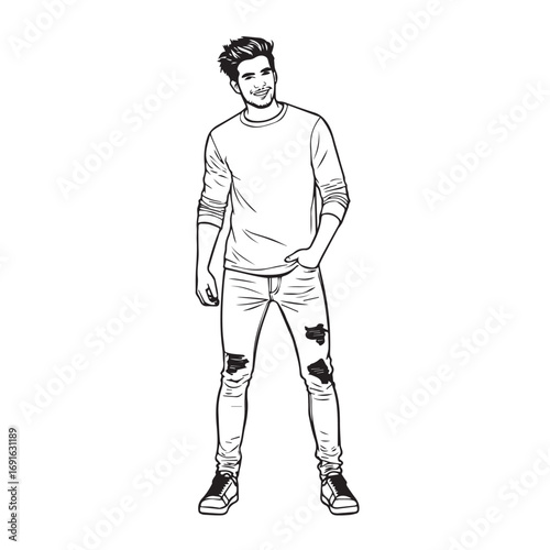 Handsome Man Black and White Illustration Vector Image Male Portrait Fashion Sketch Line Art Design	
