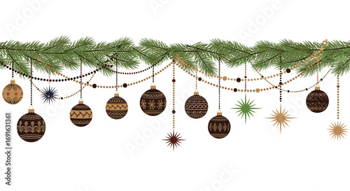 Elegant Christmas garland with ornaments and stars for festive holiday designs and seasonal celebrations