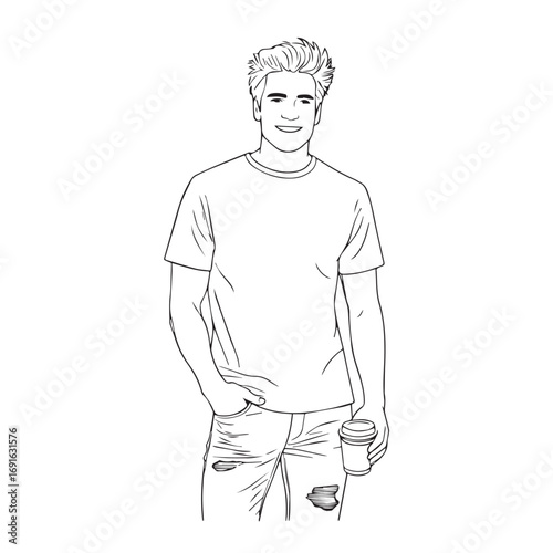 Handsome Man Black and White Illustration Vector Image Male Portrait Fashion Sketch Line Art Design	
