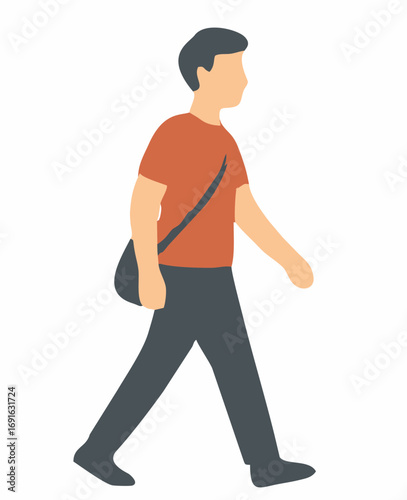 A faceless male character in casual clothes walks with a shoulder bag. This flat style vector icon represents a person on the go, a student, or a pedestrian commuting